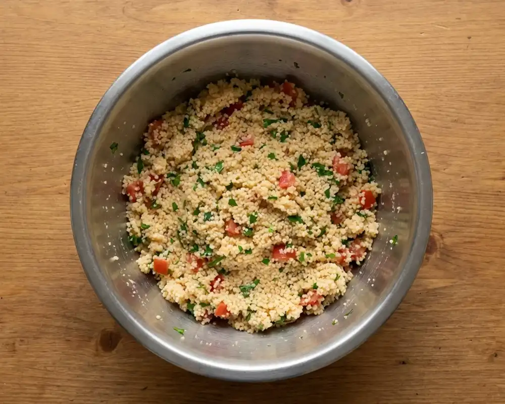Formbare Couscous-Masse mit Kräutern und Tomaten in Schüssel von oben