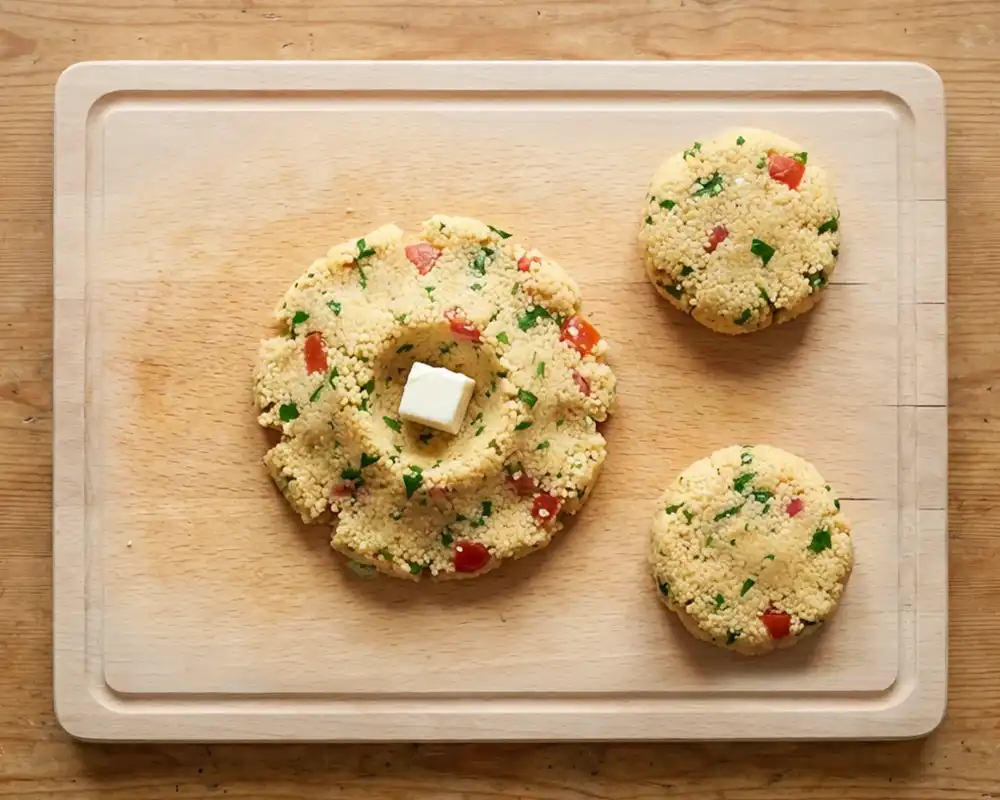 Couscous-Taler mit eingedrückter Mulde und Mozzarella-Würfel von oben