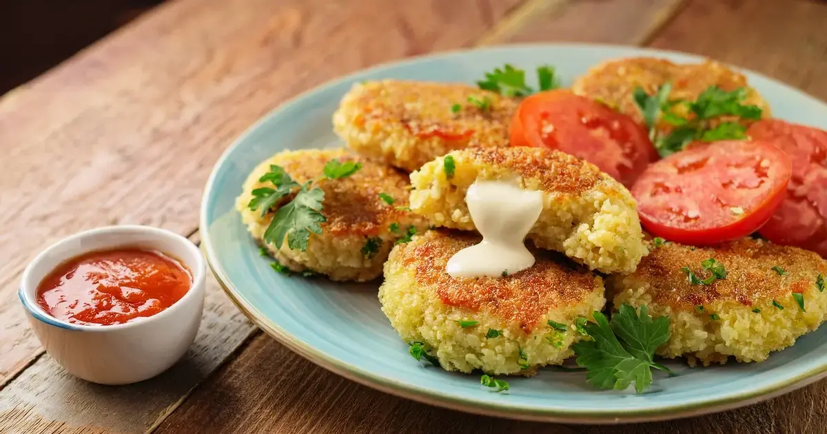 Knusprige Couscous-Taler mit geschmolzenem Mozzarella und saftigen Tomaten, serviert auf einem Teller mit frischen Kräutern.