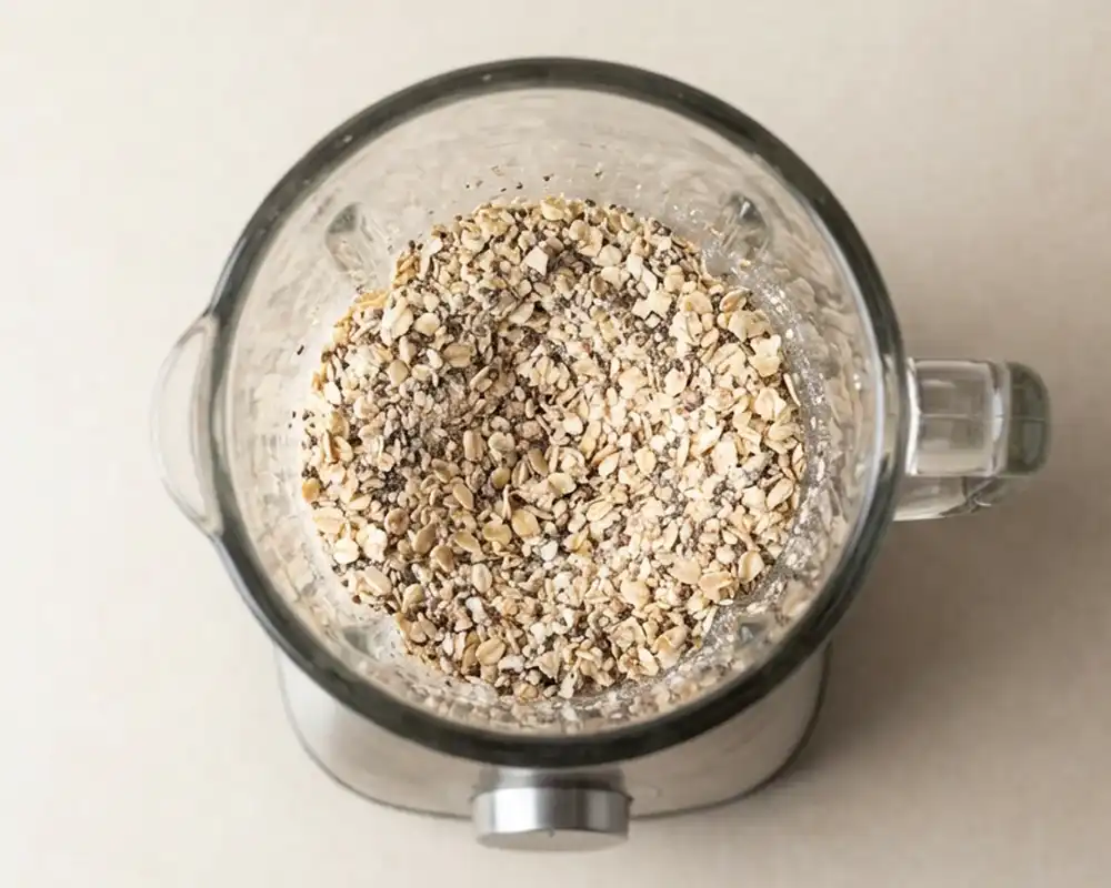 Grob gemahlene Haferflocken und Chiasamen im Mixer für High-Protein Riegel