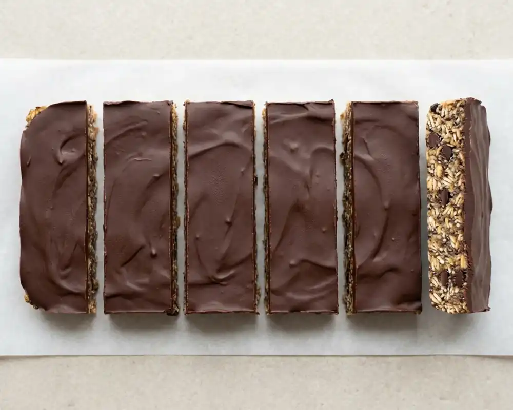High Protein Riegel mit zuckerfreier Schokolade überzogen von oben