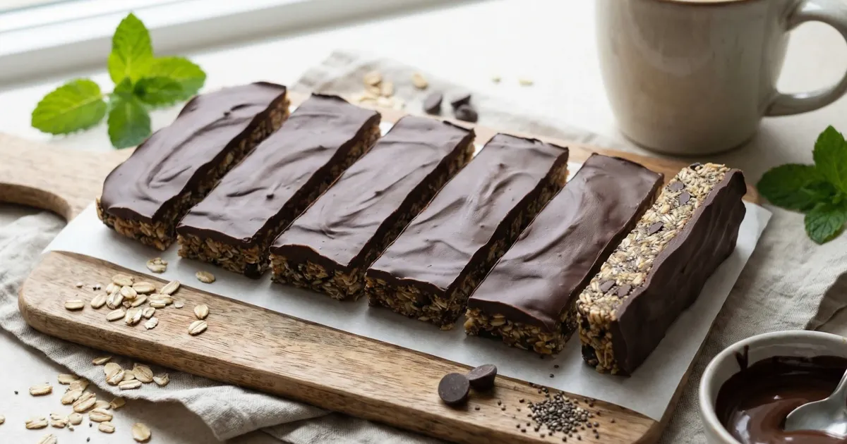 Selbstgemachte No-Bake-Proteinriegel mit PB2, Joghurt, Haferflocken und Schokodrops auf Backpapier.