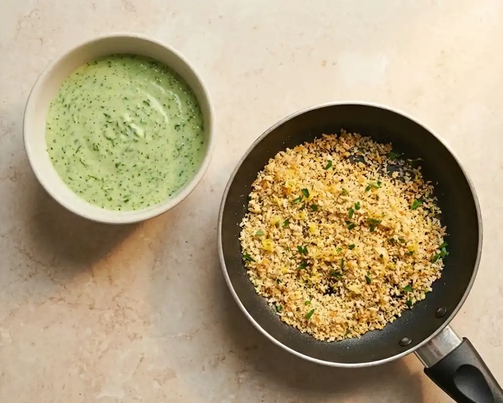 Rucola-Proteincreme und knuspriger Zitronen-Crunch von oben, cremig grün und goldbraun geröstet