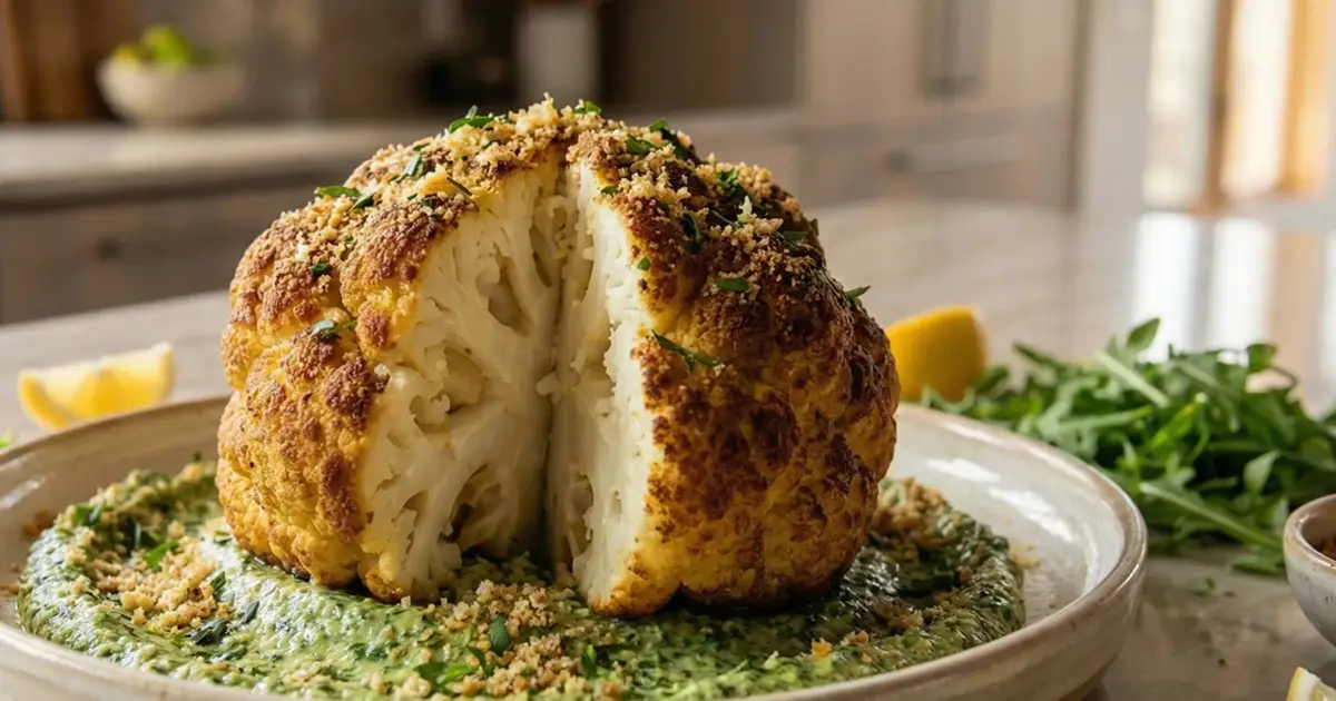 Ganzer Ofen-Blumenkohl mit grüner Rucola-Proteincreme und Zitronen-Crunch