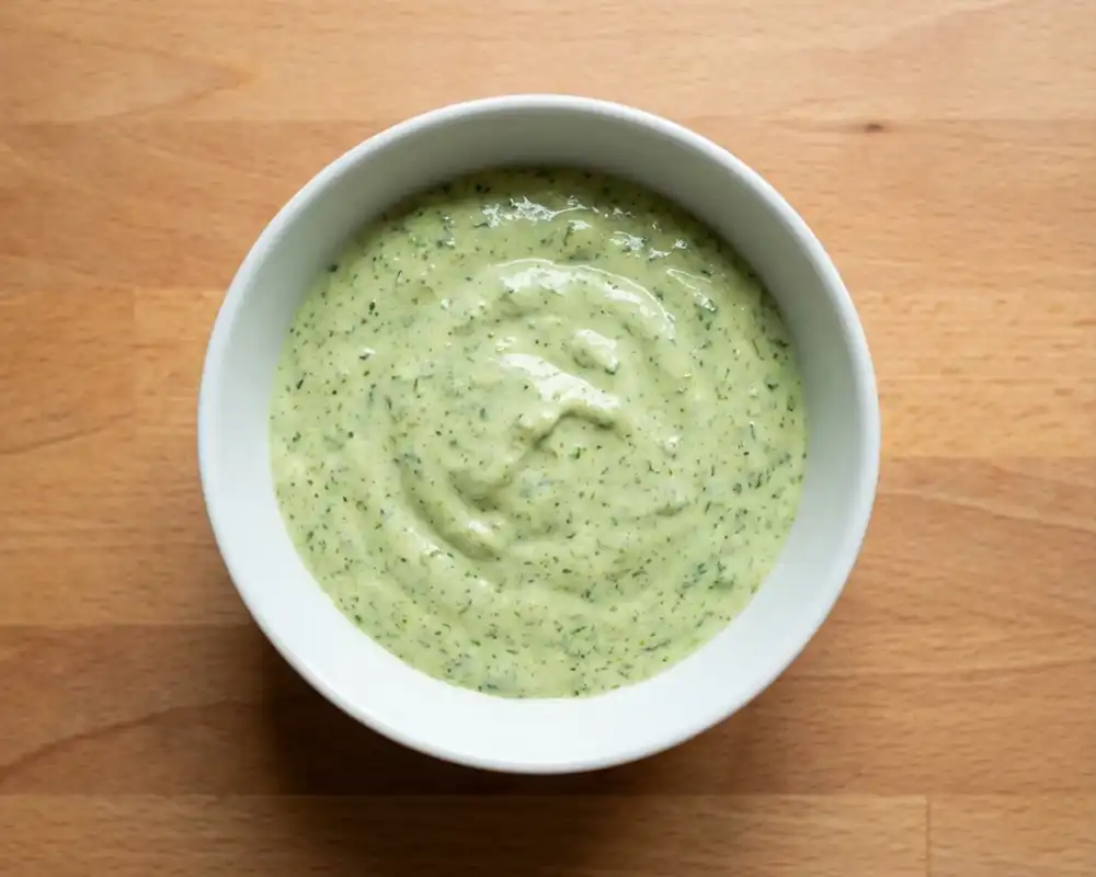 Cremige Skyr-Pesto-Sauce in weißer Schüssel von oben