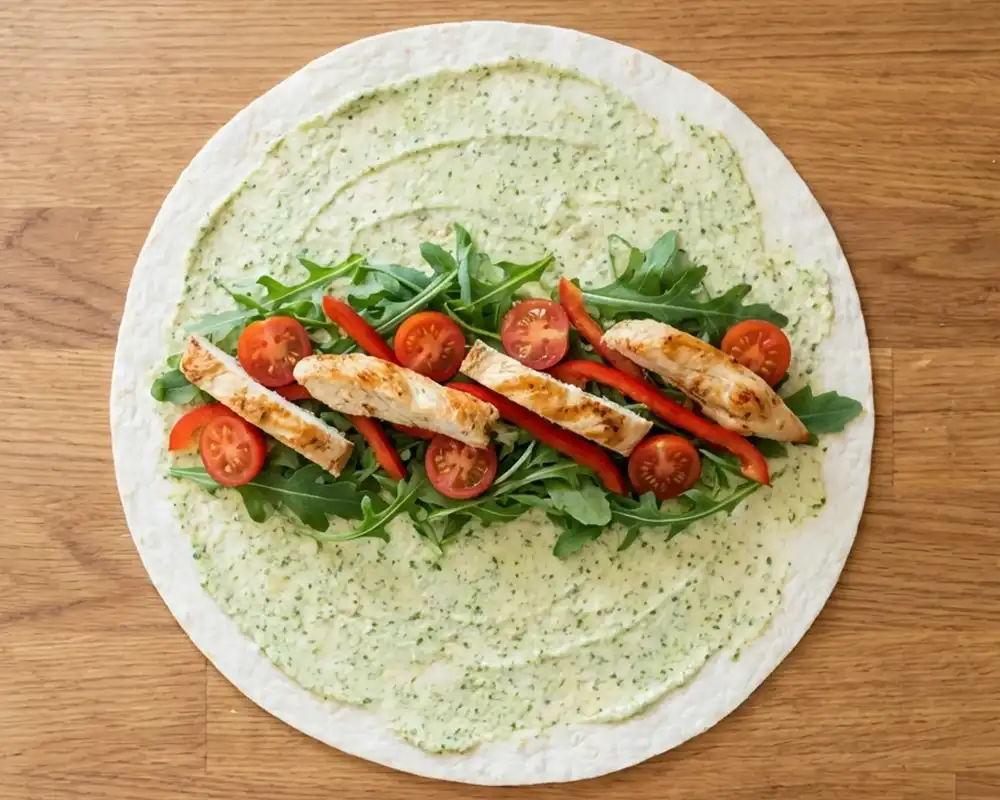 Belegter Protein-Wrap mit Hähnchen und Gemüse von oben