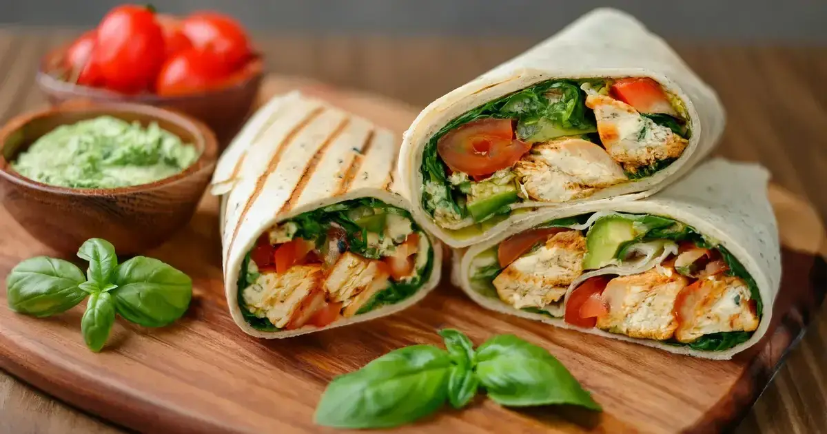 Protein-Wrap mit Pesto-Hähnchen, frischem Gemüse und cremiger Skyr-Pesto-Sauce, serviert auf einem Holzbrett
