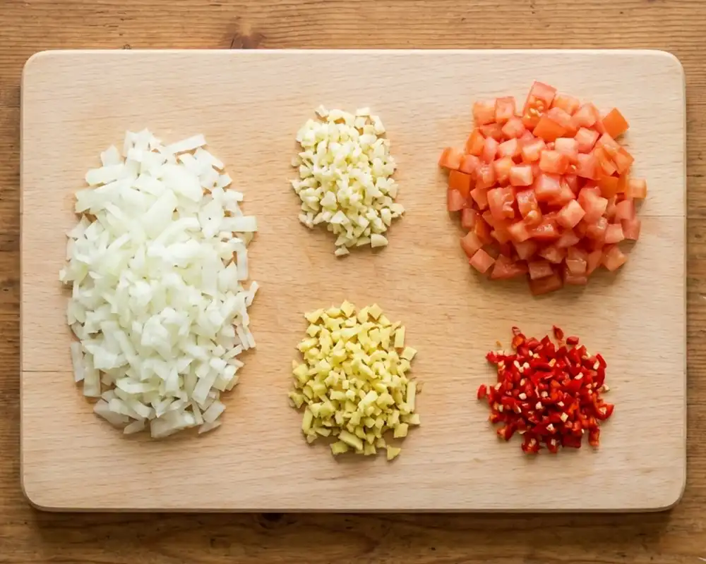 Fein gehackte Zwiebel, Knoblauch, Ingwer und gewürfelte Tomaten auf Holzbrett von oben
