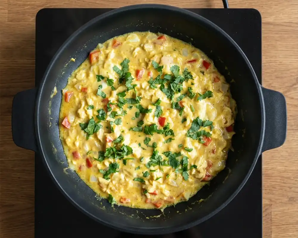 Cremiges würziges Rührei mit Tomaten und Koriander in schwarzer Pfanne von oben