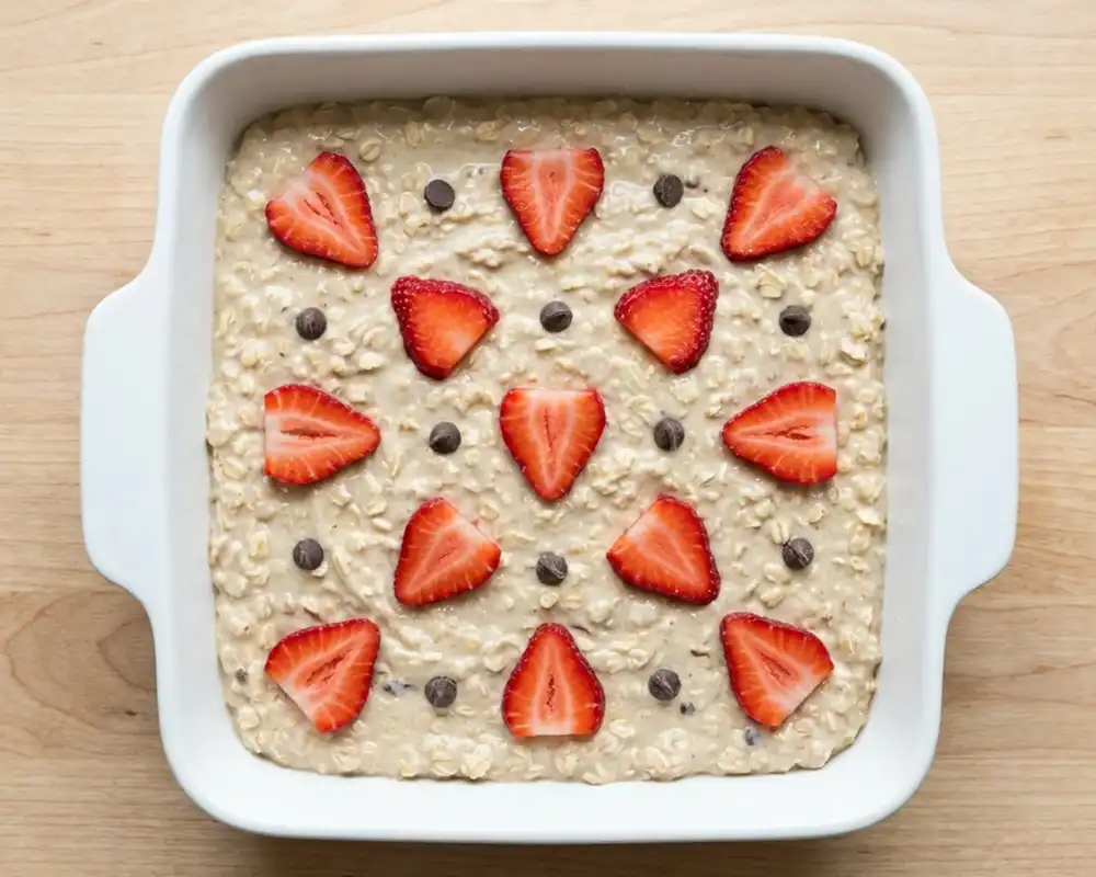 Protein Baked Oats Teig mit Erdbeeren in Auflaufform
