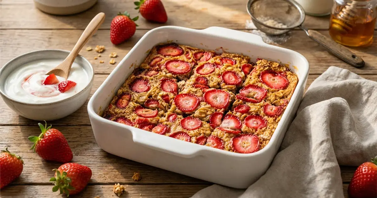 Protein Baked Oats mit Erdbeeren in einer kleinen Auflaufform mit saftiger Haferstruktur