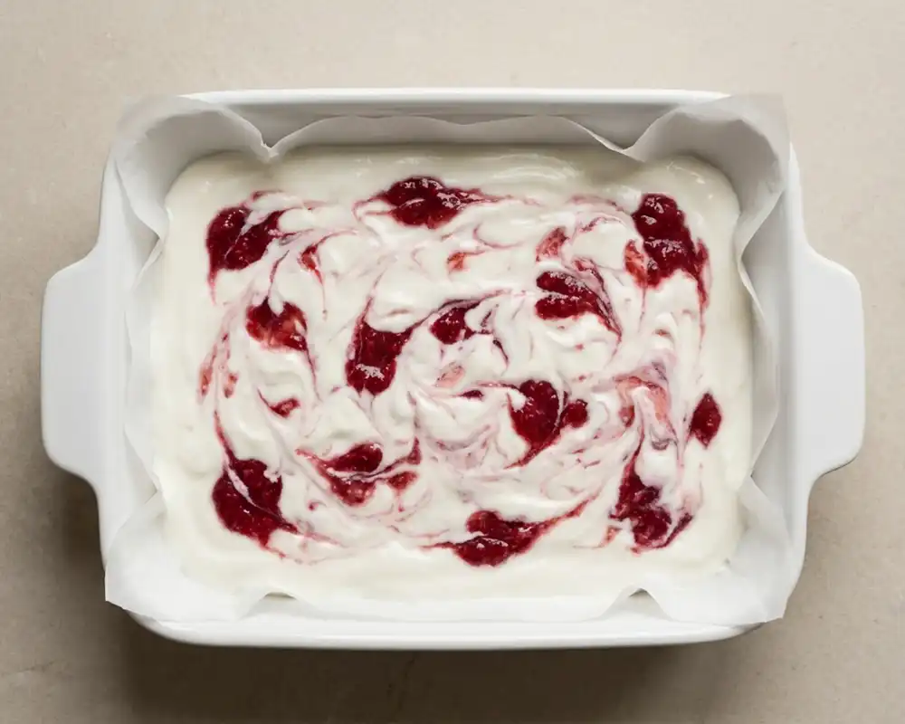 Joghurtmasse mit marmoriertem Himbeerpüree in rechteckiger Form von oben