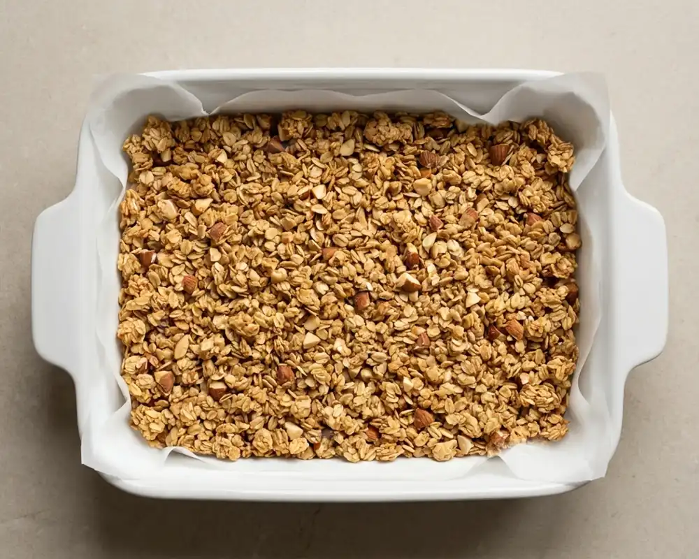 Gefrorene Joghurt-Himbeer-Schnitte mit Crunch-Topping von oben