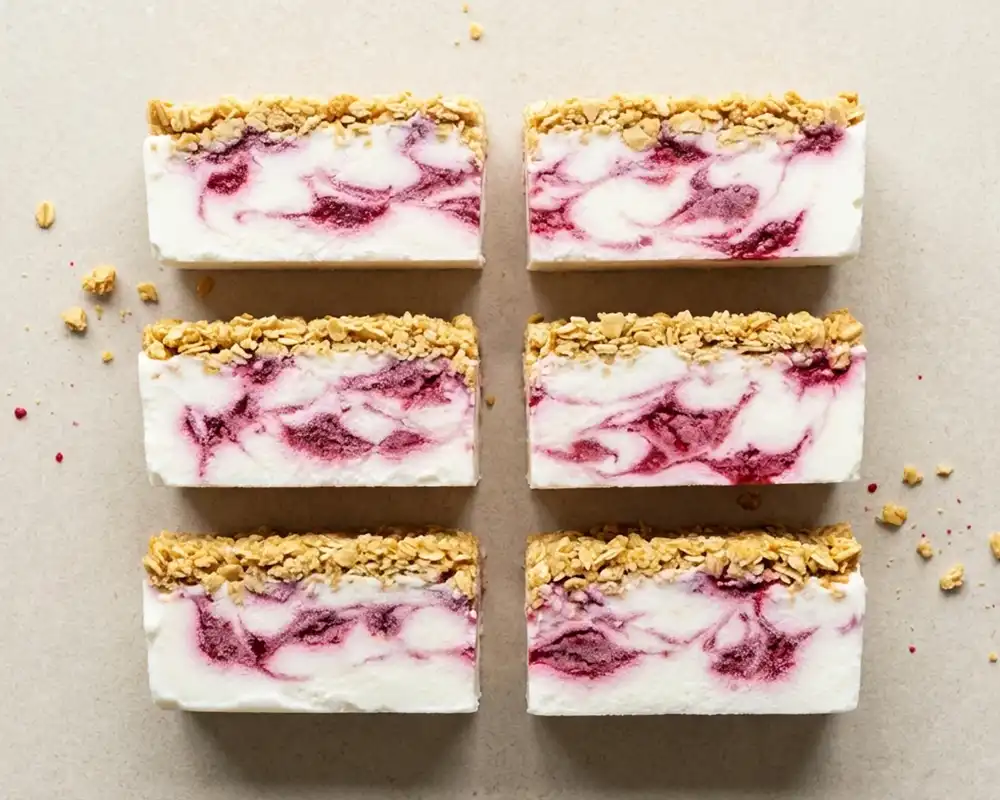 Gefrorene Protein Joghurt Himbeer Schnitten mit Crunch von oben