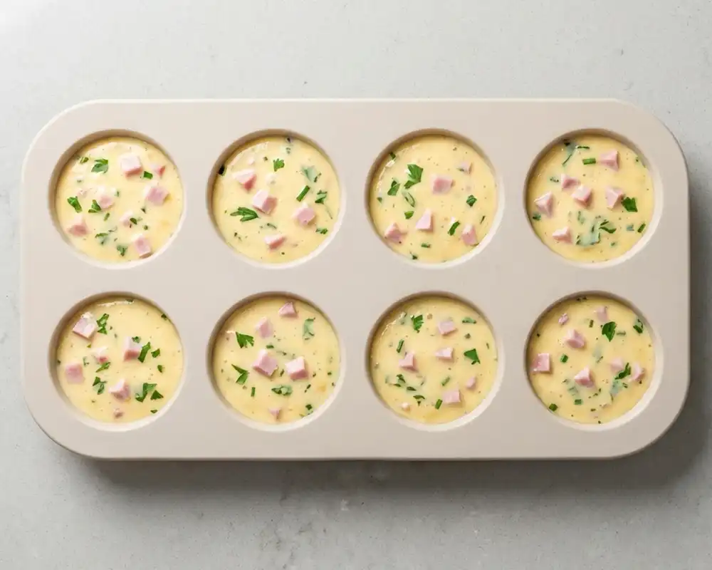 Muffinblech mit rohem Protein-Muffinteig gleichmäßig gefüllt