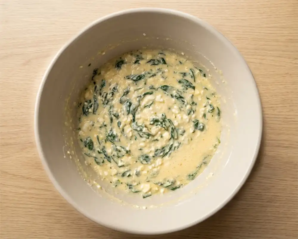 Cremige Spinat-Feta-Muffinmasse mit Hüttenkäse in einer Keramikschüssel in sauberer Top-Down-Foodfotografie.
