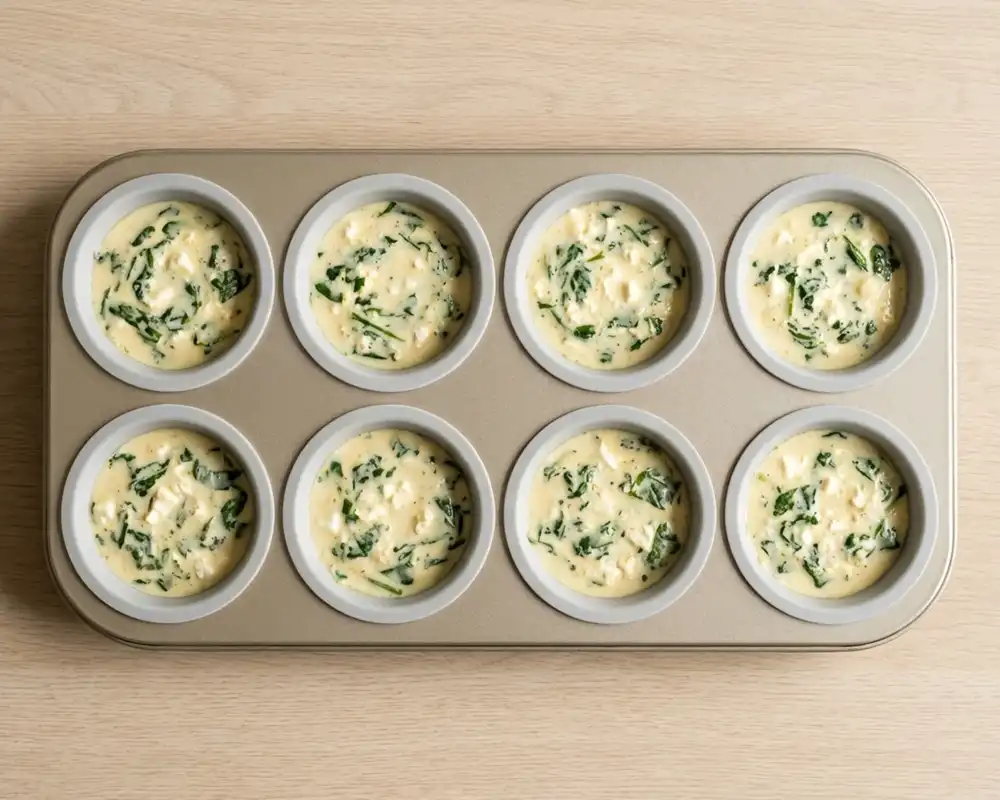 Muffinblech mit acht gefüllten Silikonförmchen und roher Spinat-Feta-Eimasse in echter Draufsicht.