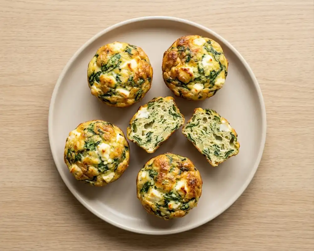 Fertig gebackene Protein-Muffins mit Spinat und Feta auf beiger Keramikplatte, ein Muffin halbiert, in heller Top-Down-Foodfotografie.