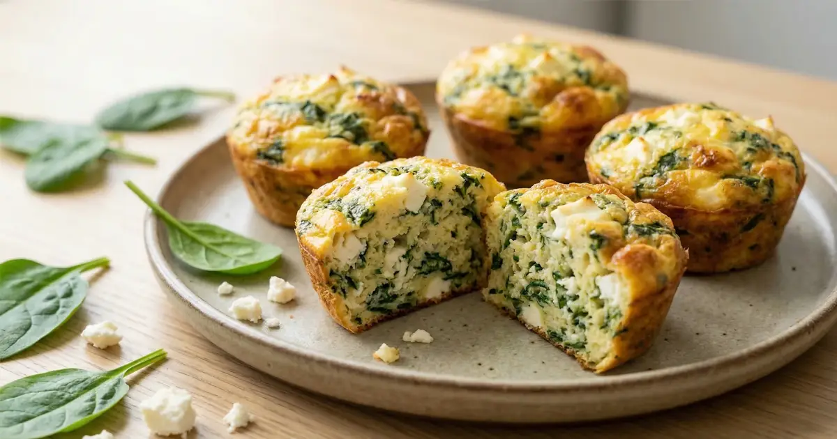 Protein-Muffins mit Spinat und Feta auf einem Teller angerichtet