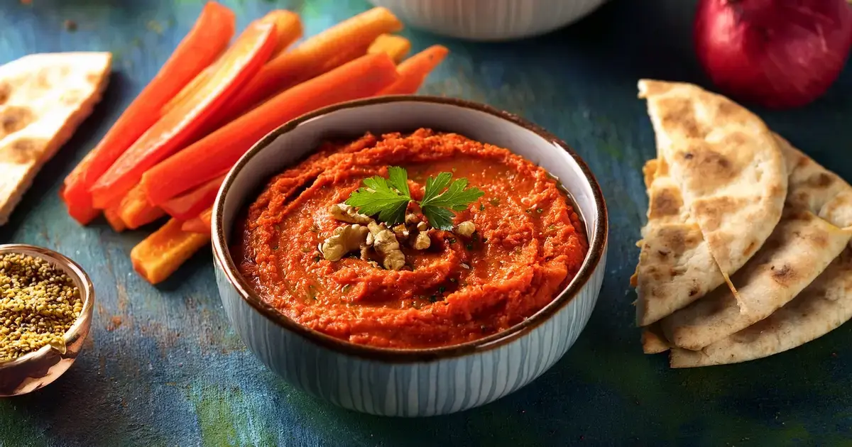 Vegane Protein-Muhammara mit drei gerösteten Paprika und Linsenmehl