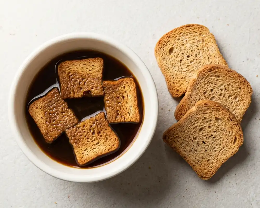 Zwieback wird in Espresso getränkt für High-Protein-Tiramisu von oben fotografiert