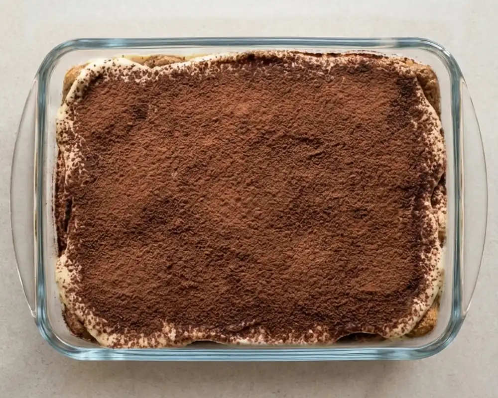 Fertiges High-Protein-Tiramisu mit Kakaopulver in Glasform von oben fotografiert