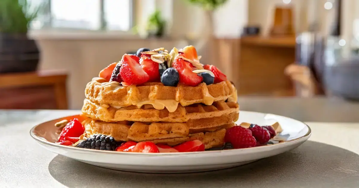 Protein-Waffeln mit Erdnussbutter und frischen Beeren auf einem Teller serviert.