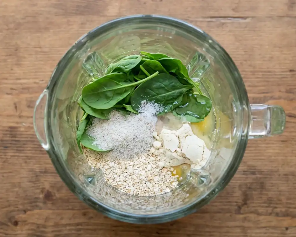 Zutaten für proteinreiche Wraps im Mixer von oben – Eiklar, Haferkleie, Proteinpulver und Spinat