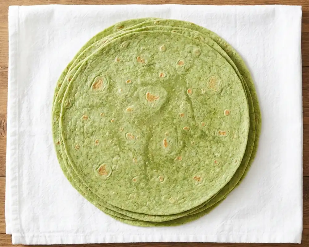 Gestapelte grüne Protein-Wraps auf weißem Küchentuch von oben