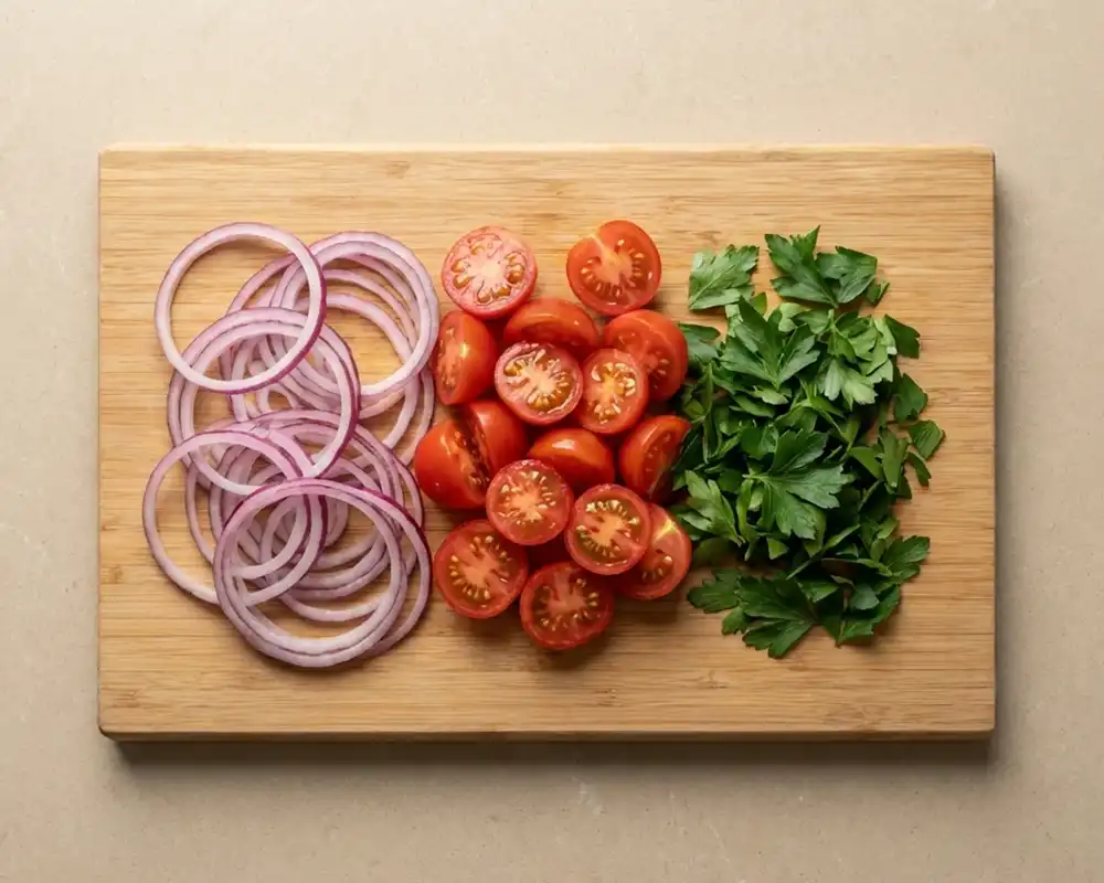 Zwiebeln, Tomaten und Petersilie geschnitten auf Brett