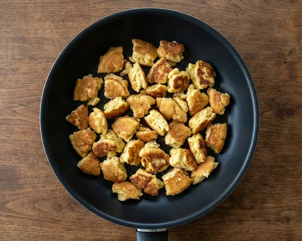 Zerteilter Low Carb Kaiserschmarrn goldbraun in schwarzer Pfanne von oben