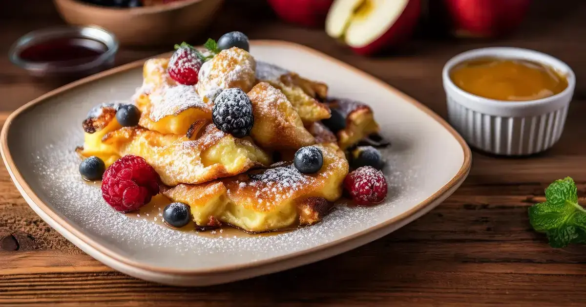 Low-Carb-Kaiserschmarrn mit Puder-Erythrit und Beeren auf einem weißen Teller.