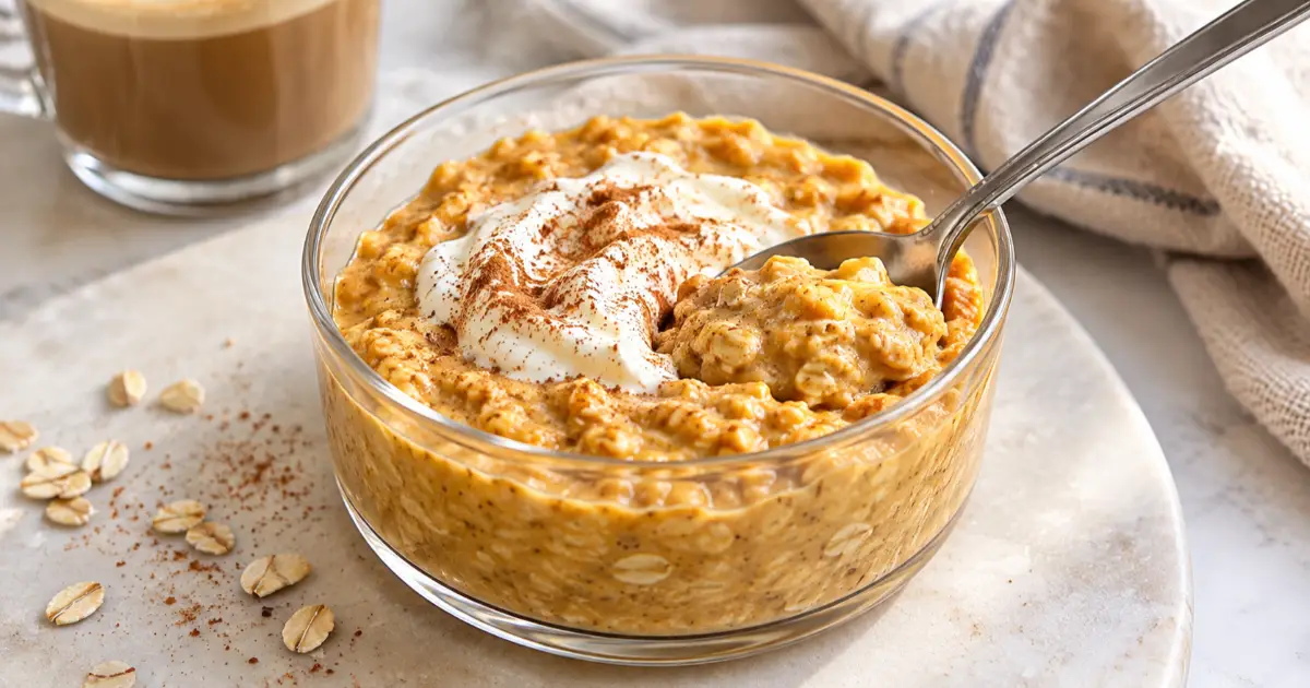 Cremige Pumpkin Pie Overnight Oats mit Kürbis, Skyr, Haferflocken und Zimt in einem Glas.