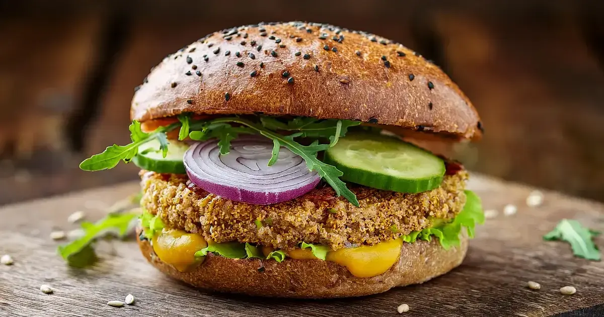 Quinoa-Tofu-Burger mit Mango-Chili-Sauce, Rucola und frischem Gemüse