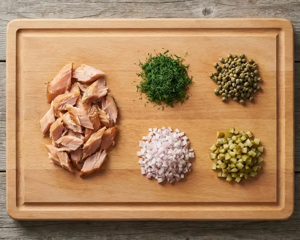 Zutaten für Räucherforellen-Protein-Aufstrich auf Schneidebrett vorbereitet