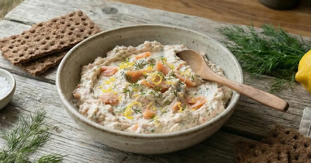 Cremiger High Protein Räucherforellen-Dip mit Skyr, Dill und Zitronenabrieb in einer Schale.