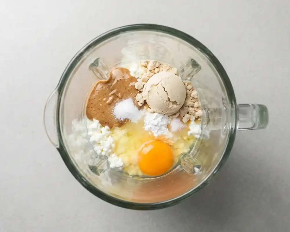 Zutaten für Protein-Blondies ungepüriert im Mixer von oben