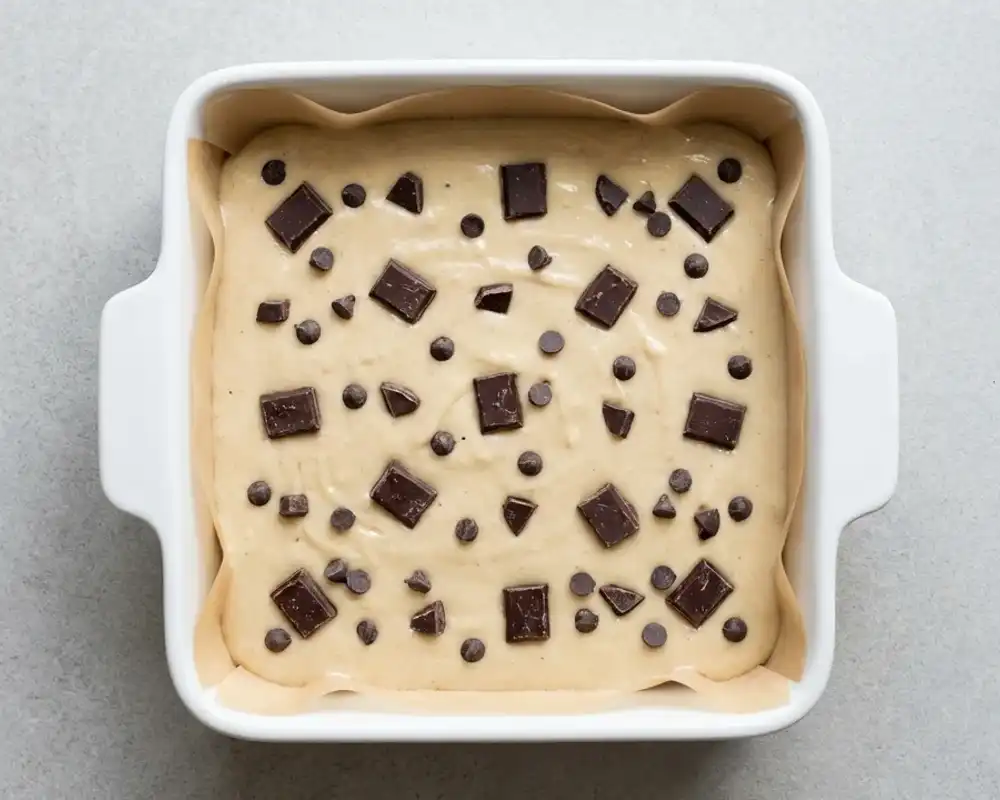 Protein-Blondie-Teig mit gleichmäßig verteilten Schokostückchen
