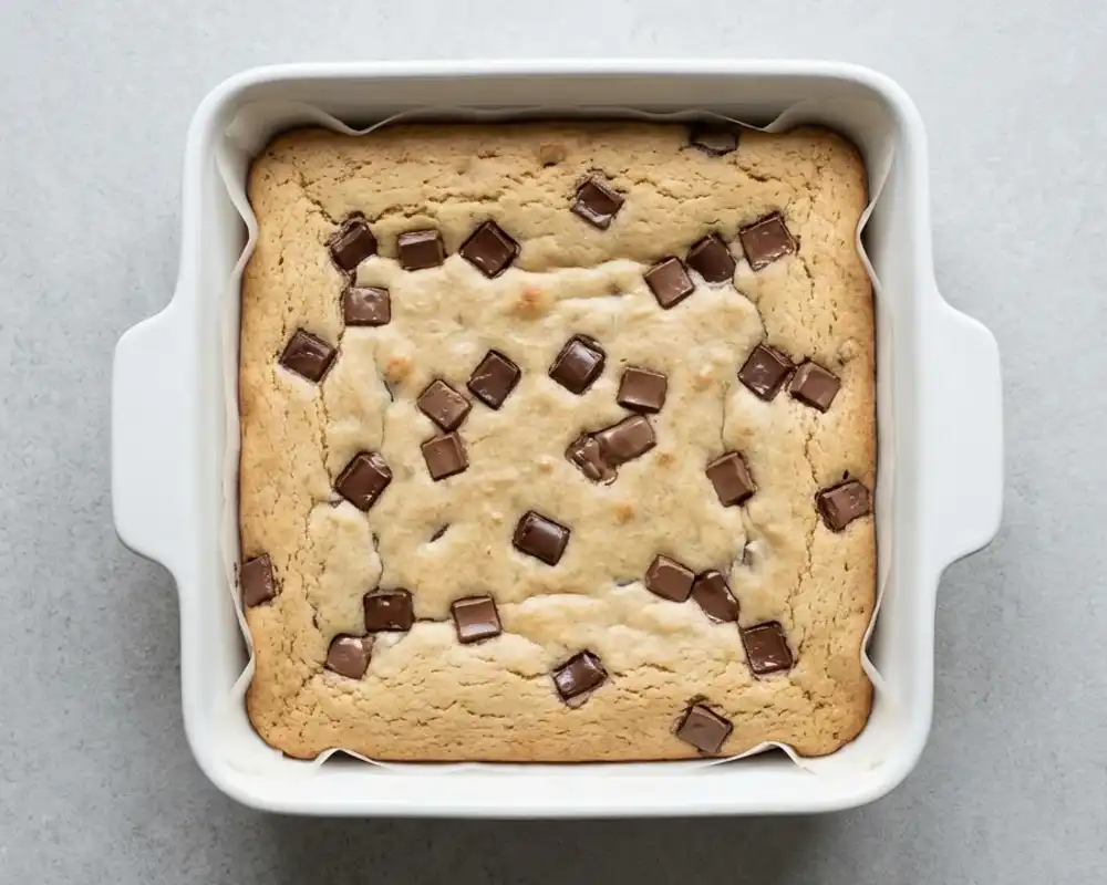 Frisch gebackene Protein-Blondies in weißer quadratischer Form