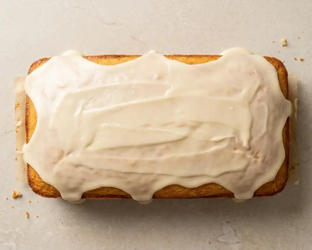 Protein-Zitronenguss wird dünn auf Low Carb Zitronenkuchen verteilt