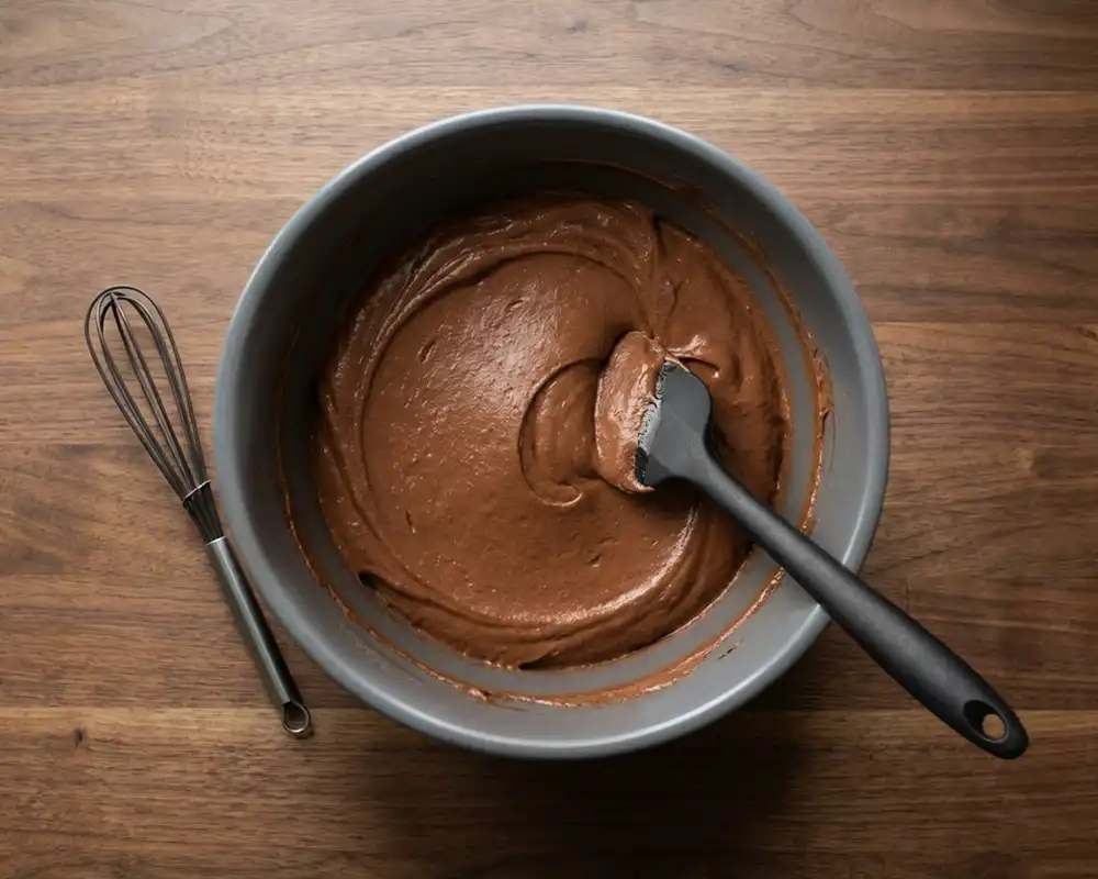 Cremiger Schokokuchenteig für Low-Carb-Kuchen in grauer Schüssel von oben
