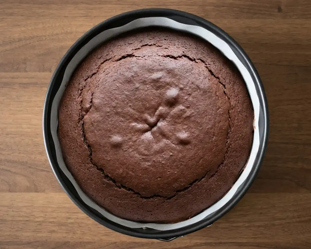 Gebackener Low-Carb-Schokokuchen in Springform von oben nach dem Backen