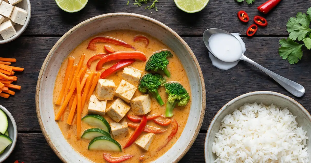 Kalorienarmes veganes Thai Red Curry mit Tofu, serviert mit Reis in separater Schale