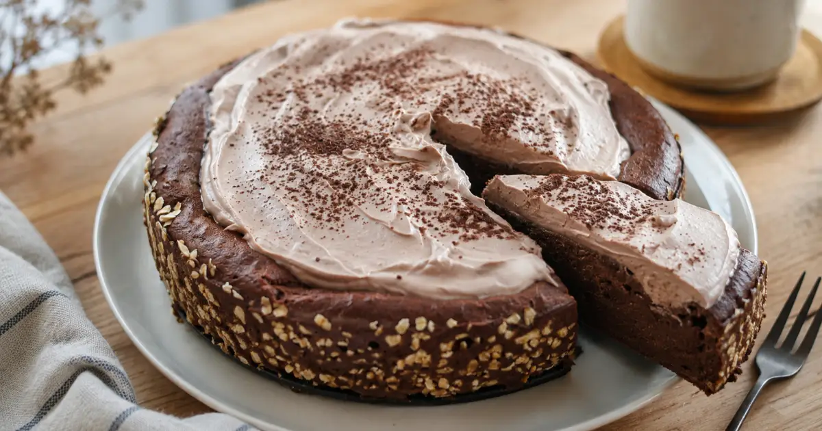 Saftiger Schoko-Brownie-Kuchen mit Quark und cremigem Schoko-Frischkäse-Frosting, angeschnitten auf einem Teller.