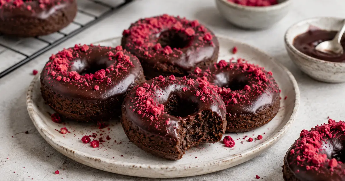 Schoko-Protein-Donut mit cremiger Skyr-Schoko-Glasur und pinken gefriergetrockneten Himbeeren.