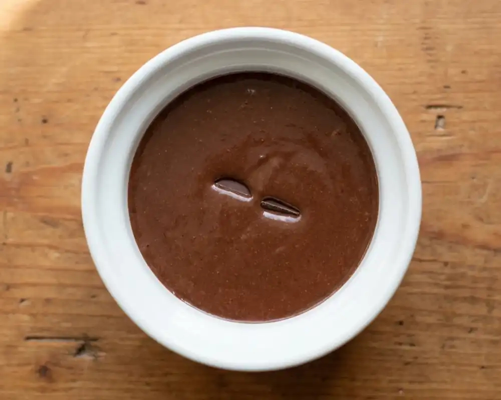 Zartbitterschokolade wird mittig in den Schoko-Teig für Protein-Tassenkuchen gedrückt, komplett bedeckt