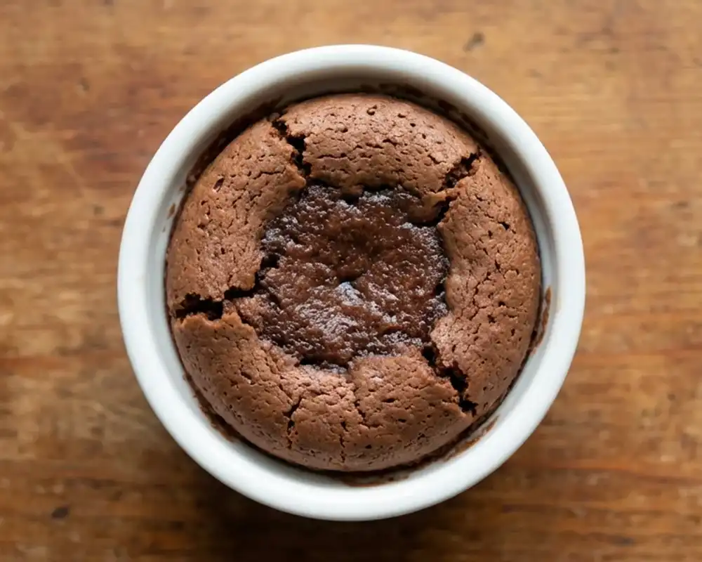 Protein-Schoko-Tassenkuchen nach kurzer Ruhezeit in weißer Keramikform
