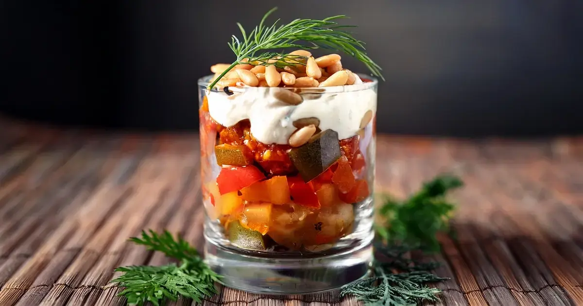 Zaziki mit Ofengemüse und Feta als Vorspeise im Glas angerichtet