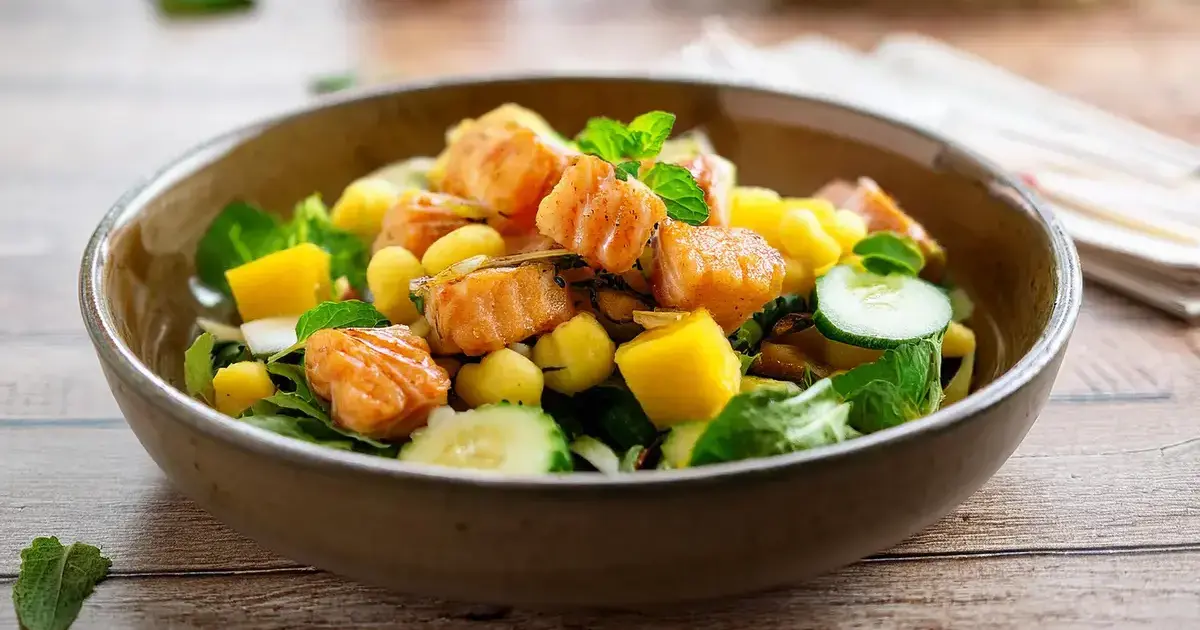 Knuspriger Gnocchi-Salat mit Mango, Minze, Gurke und Lachs, serviert in einer rustikalen Schüssel.