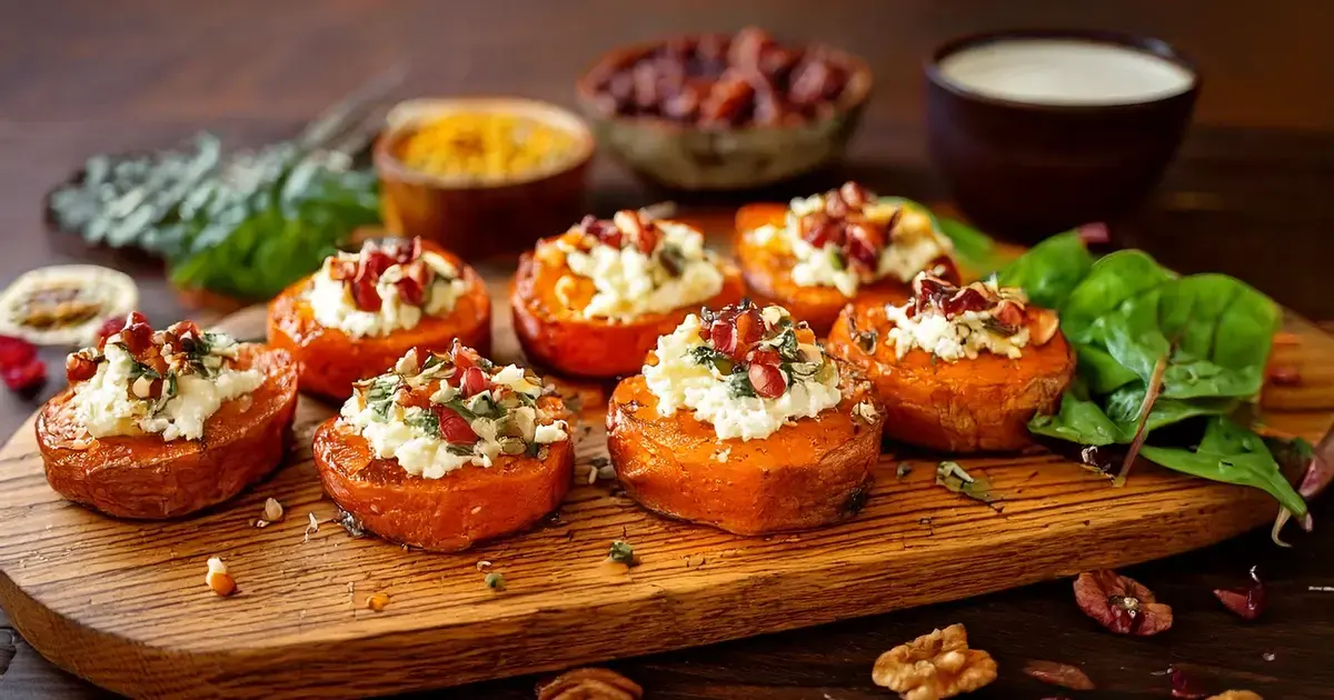 Süßkartoffel-Bites mit cremigem Hüttenkäse, Walnüssen und Cranberries auf einem Servierbrett.